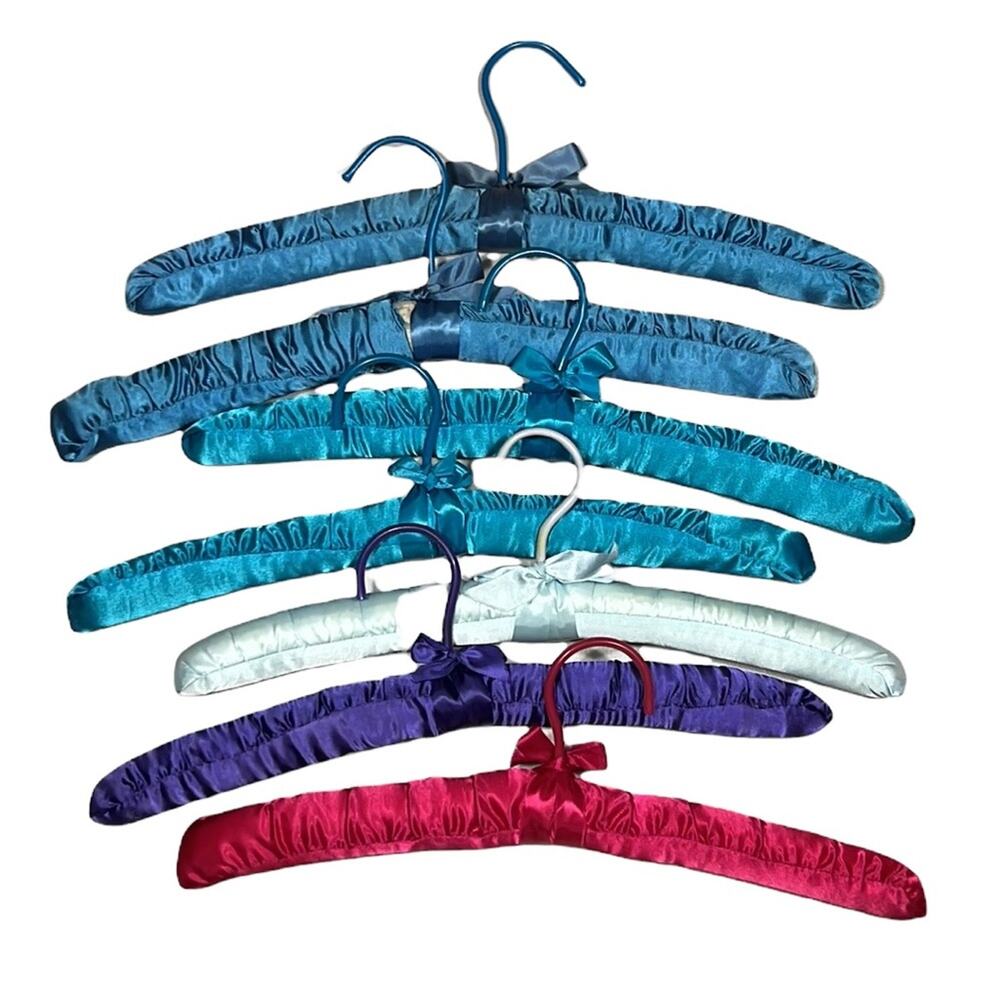 Satin Wrapped Cushioned Jeweltone Blue Teal Red Purple Vintage Hangers Set of 7